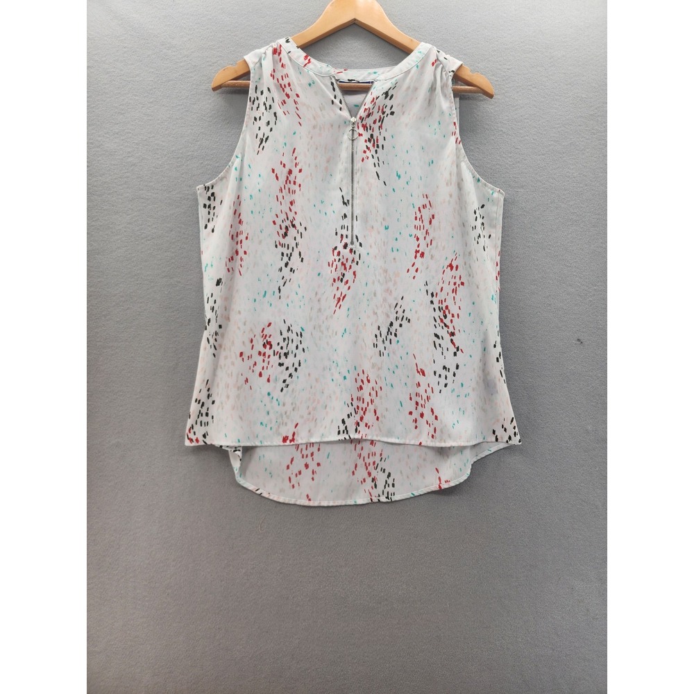 Apt.‎ 9 Women Large White Abstract Print Sleeveless Quarter Zip High Low Blouse